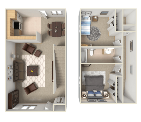 a stylized floor plan of a two bedroom apartment